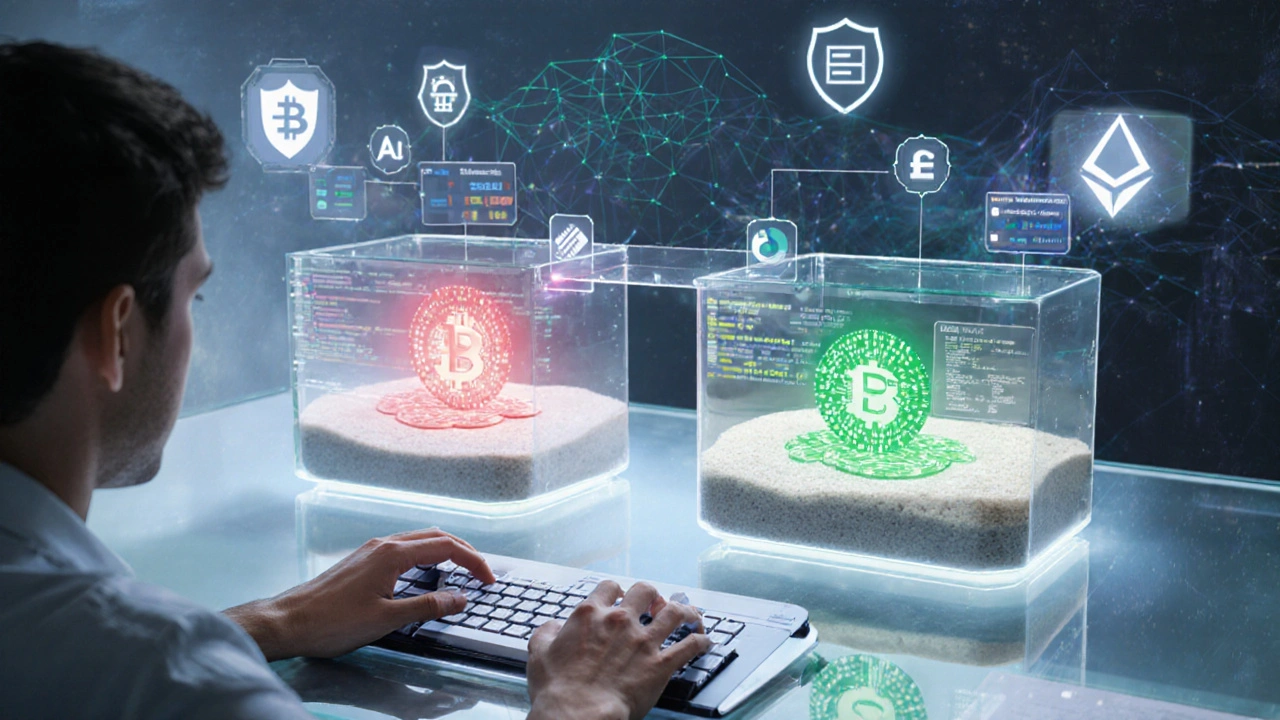 Developer workspace with holographic UI building a cross‑chain bridge.