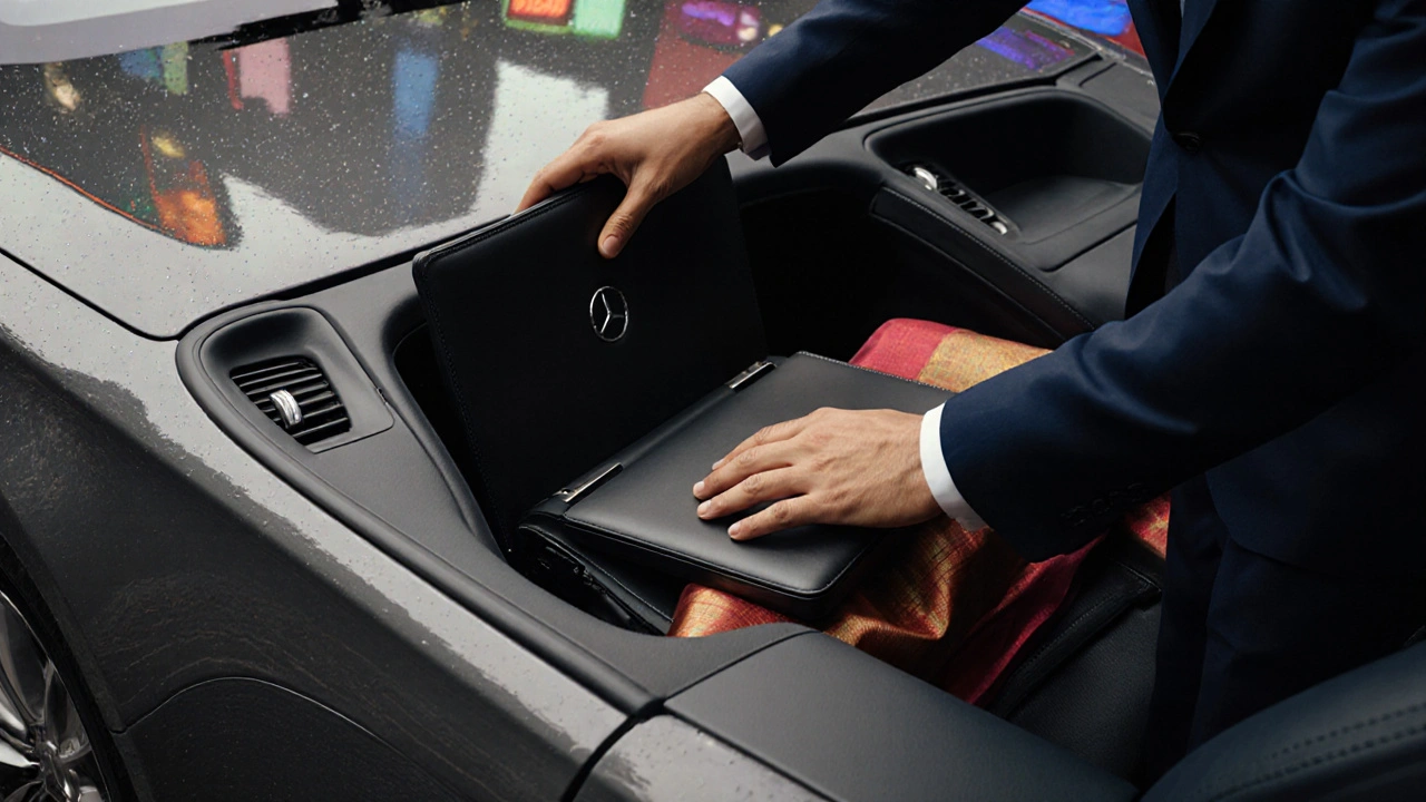 A chauffeur's hands carefully place a laptop and sari into a spotless Mercedes S-Class back seat on a rainy morning.