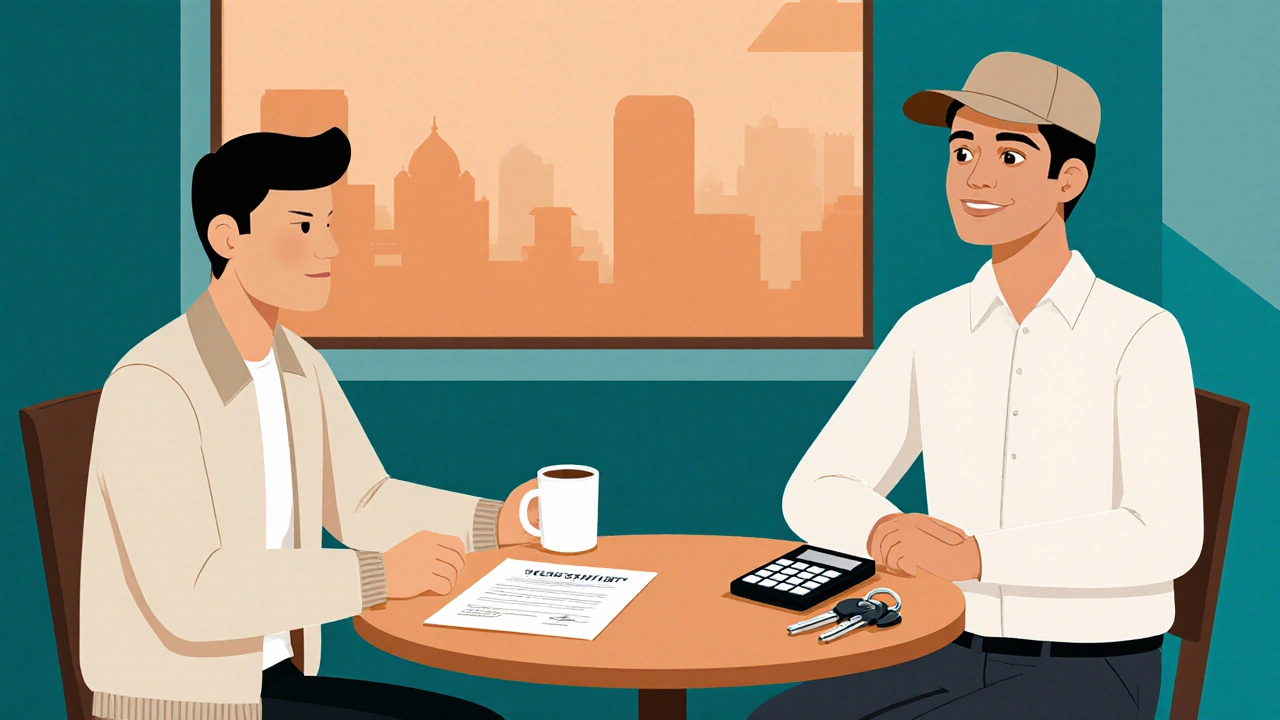 A client and driver negotiate a contract over coffee, with a calculator and vehicle keys on the table.
