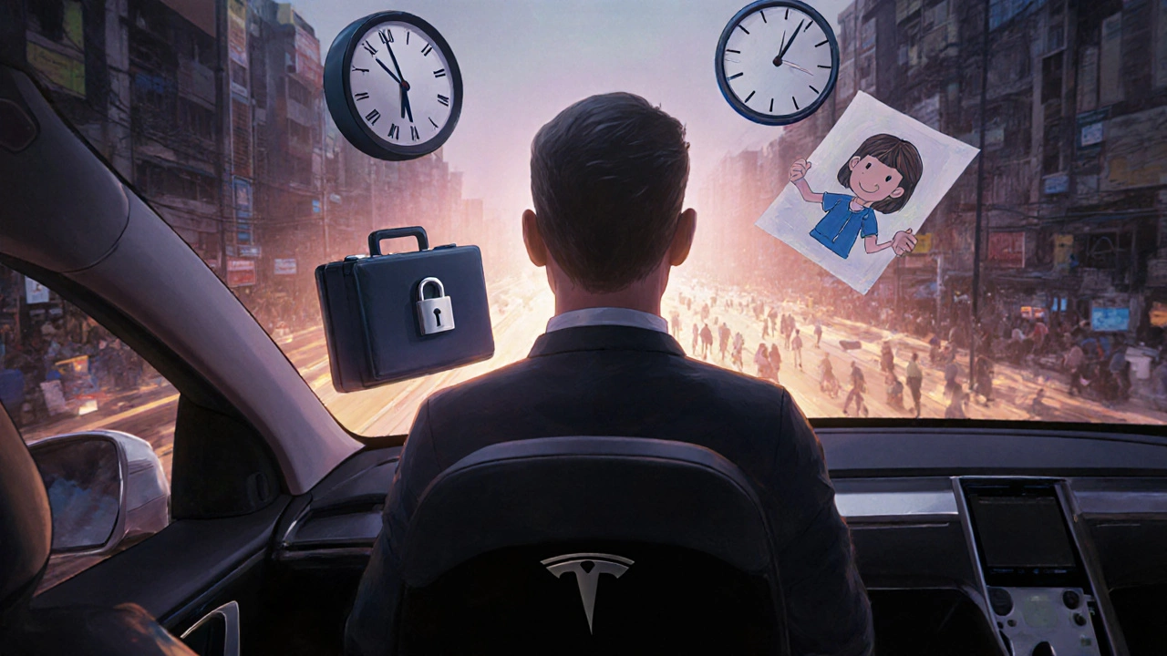 A silent guardian driver in a Tesla Model S surrounded by symbols of trust, punctuality, and discretion.