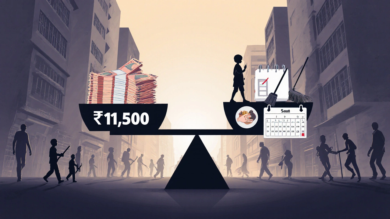 Balanced scale showing minimum wage and symbols of care against Mumbai’s urban backdrop.
