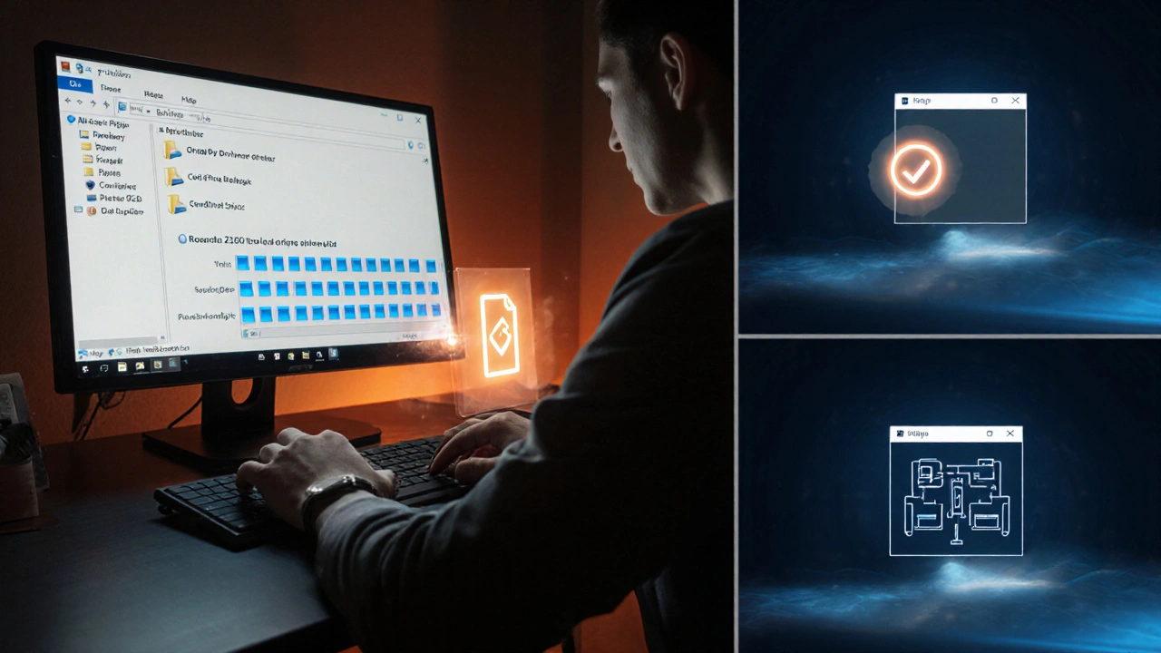 Cinematic scene of hands extracting a ZIP, scanning drivers, and rebooting after successful update.