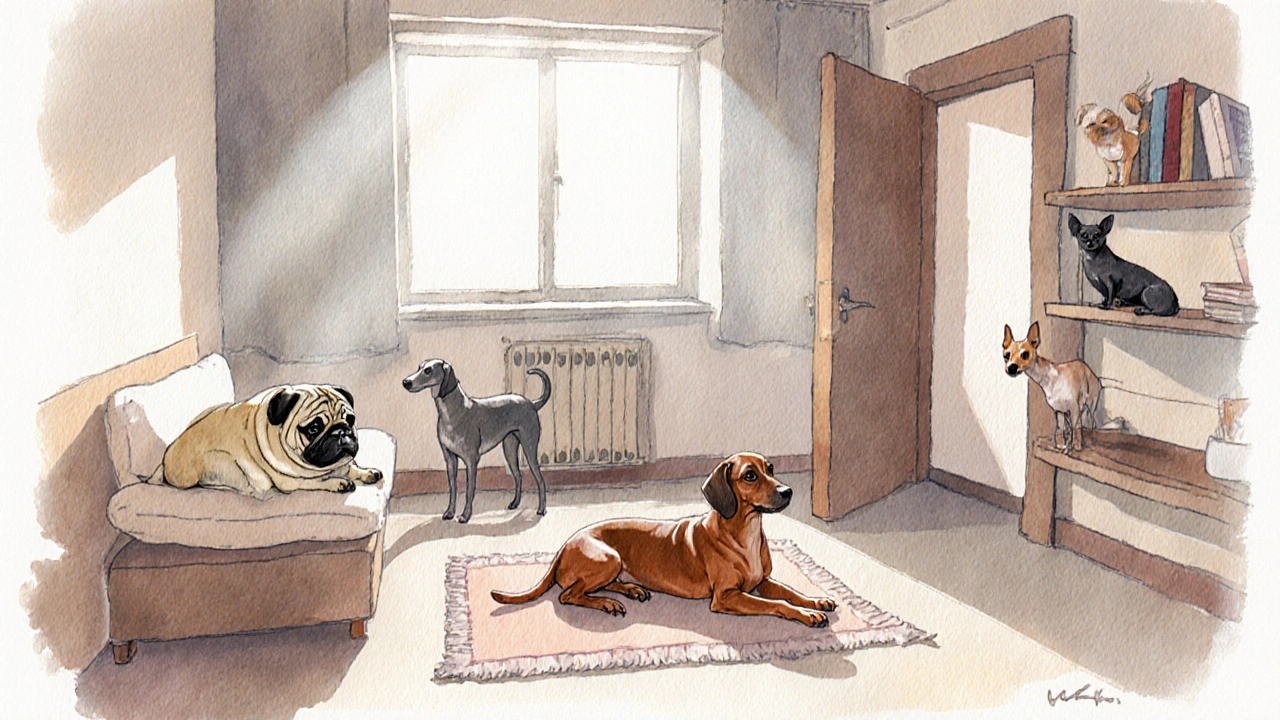 Cozy Mumbai apartment interior with several low‑maintenance dogs lounging and playing.