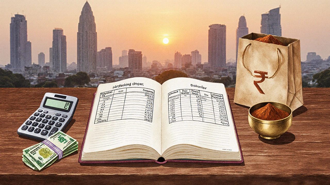 Desk flat‑lay with calculator, rupee notes, notebook and spices suggesting maid budgeting.