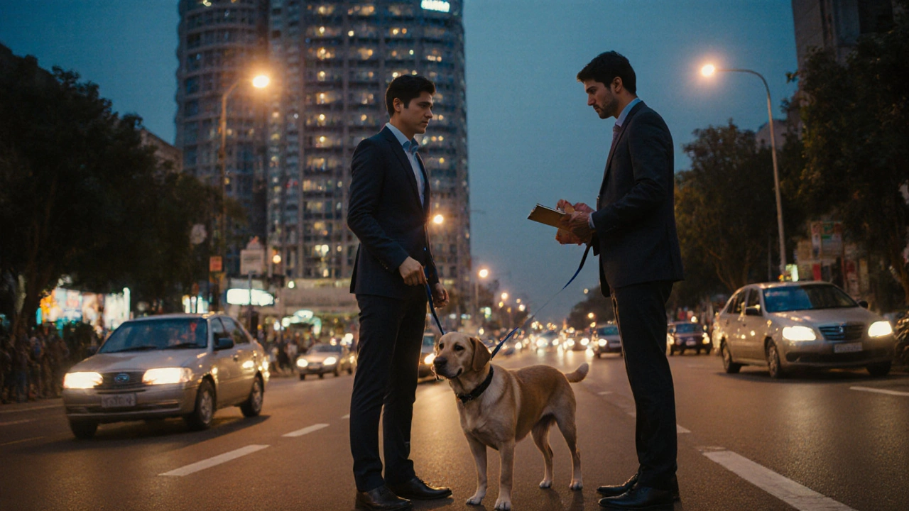 Dog walker and owner exchange a leash for a Labrador outside a Mumbai high‑rise at dusk.