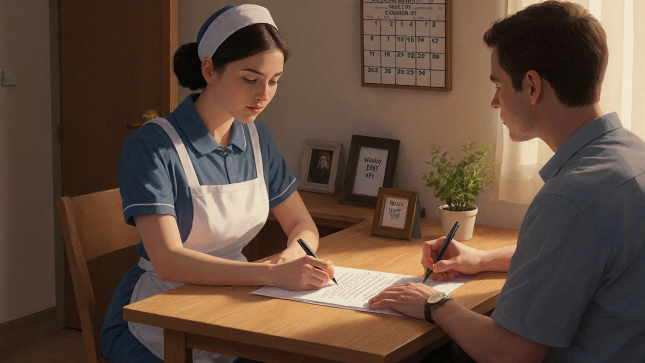 Employer and maid signing a contract at a table in a modest home setting.
