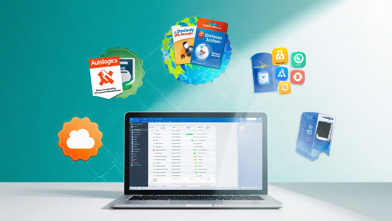 Flat illustration of laptop surrounded by colorful badges of popular free driver updater tools.