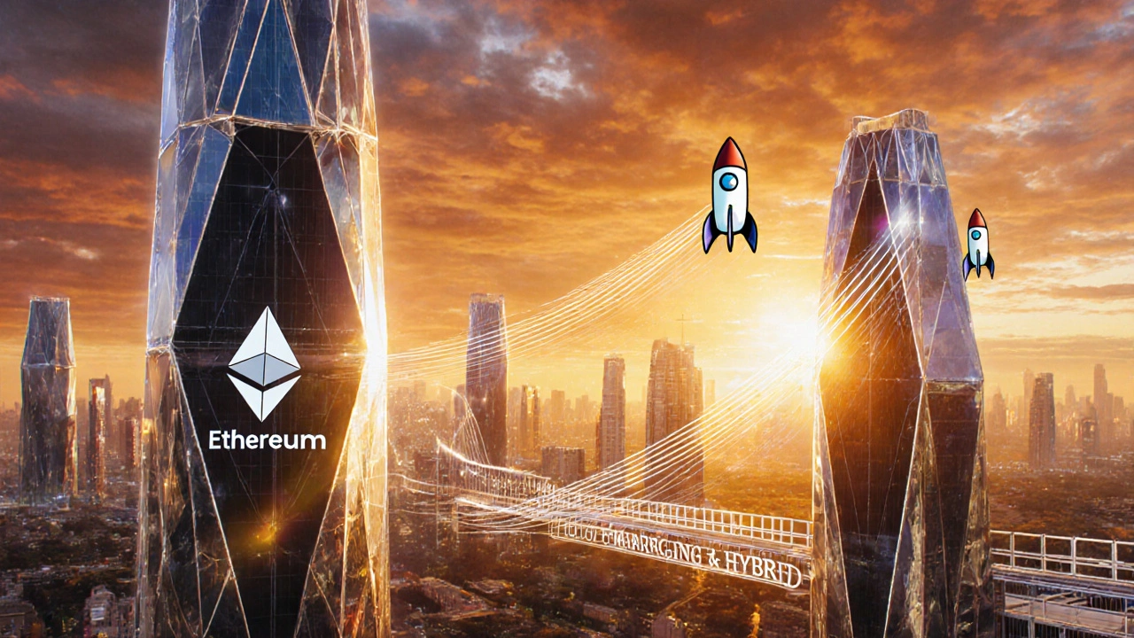 Futuristic skyline with bridge linking Optimistic Rollup tower to sharding tower.