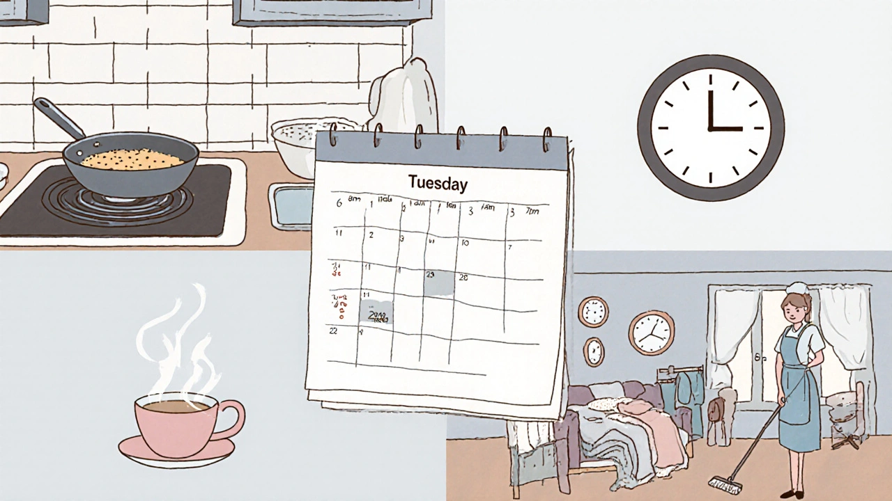 Illustrated collage of a maid's full‑day schedule: morning prep, break, evening cleaning.
