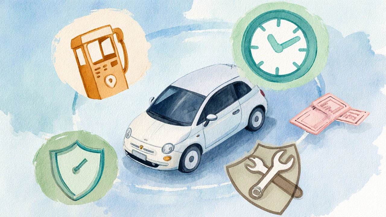 Illustration of a car surrounded by icons representing fuel, overtime, insurance, and maintenance costs.