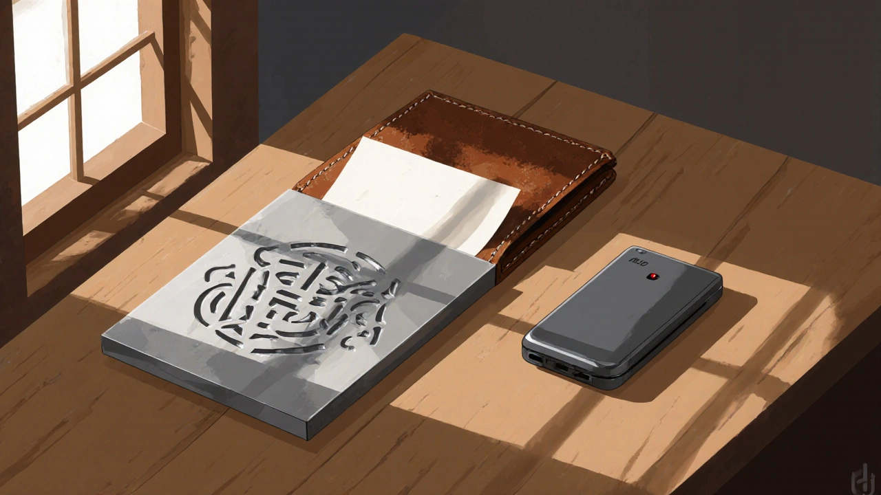 Illustration of metal plate, paper slip, and hardware wallet on a table, showing secure storage.