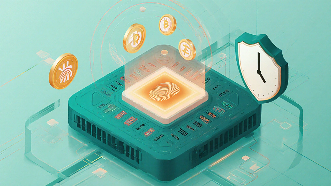 Isometric hub showing sequencer processing a batch with security shield and timer.