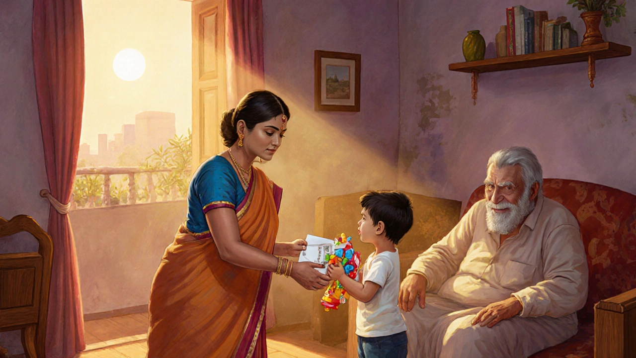 Live-in domestic worker receiving monthly salary from a family with child and elderly person nearby.