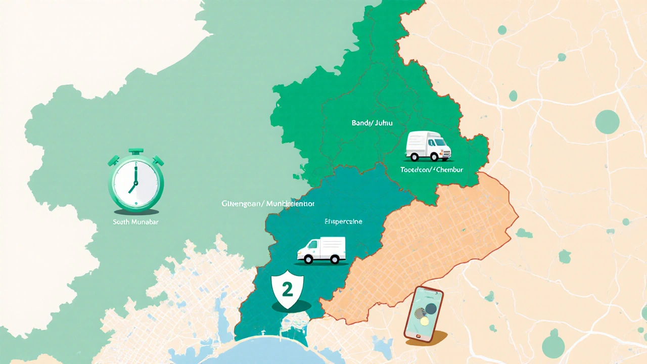Map of Mumbai showing zones with icons for walk duration, time, insurance, app fees, and travel.