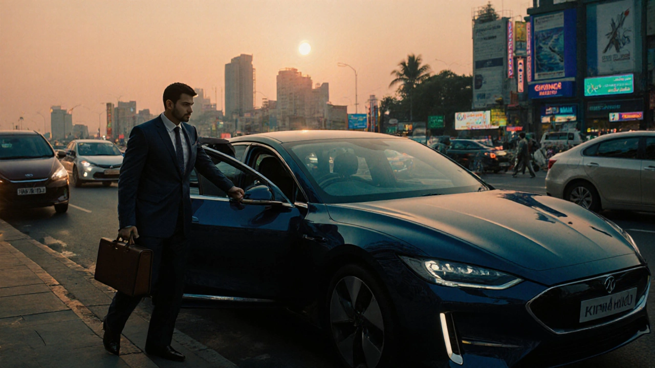 Mumbai street scene with a driver opening a car door for a passenger at sunset.