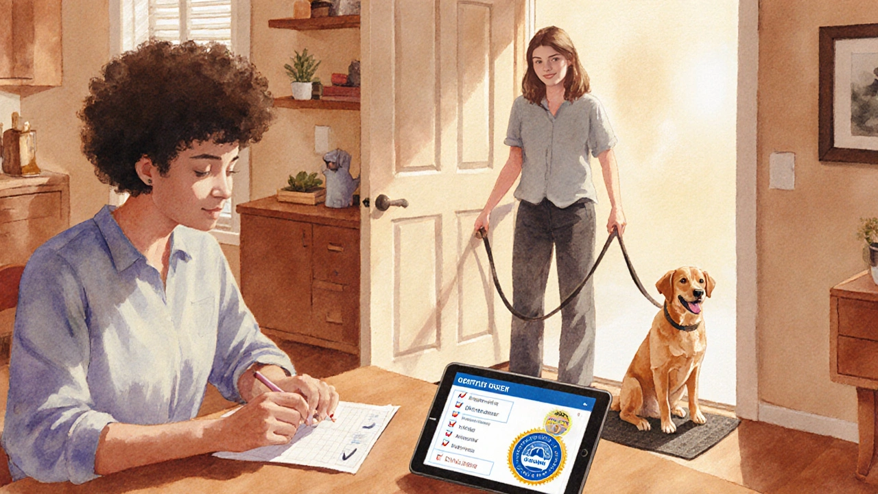 Owner reviewing a checklist while a walker and dog stand nearby in a warm kitchen.