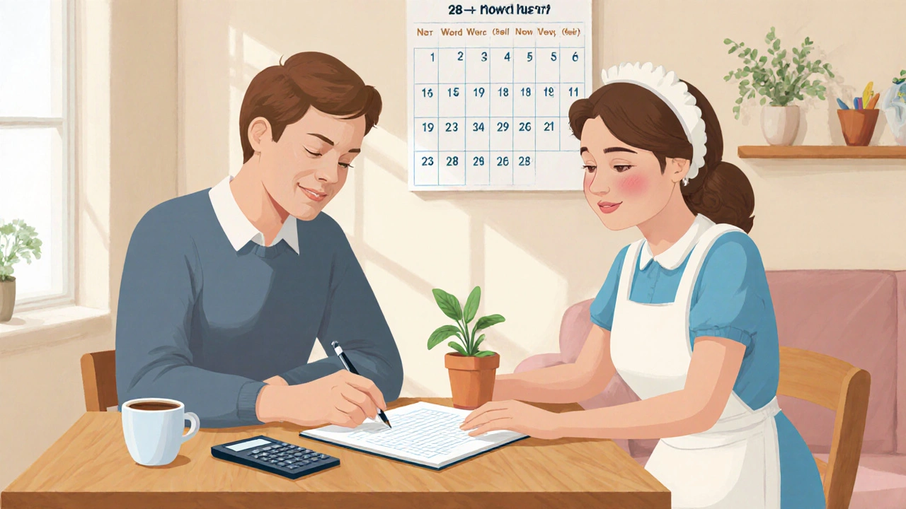 Pastel painting of employer and maid reviewing a contract with a calendar showing 48‑hour limit.