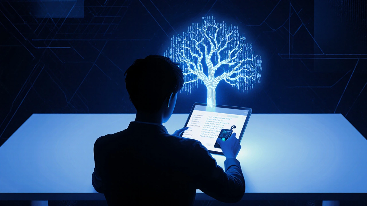 Person restores wallet, holographic binary tree emanates from device, futuristic lighting.