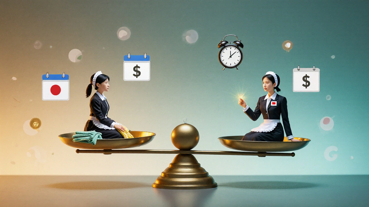 Scale balancing a local maid and a Japanese maid, illustrating cost and quality.