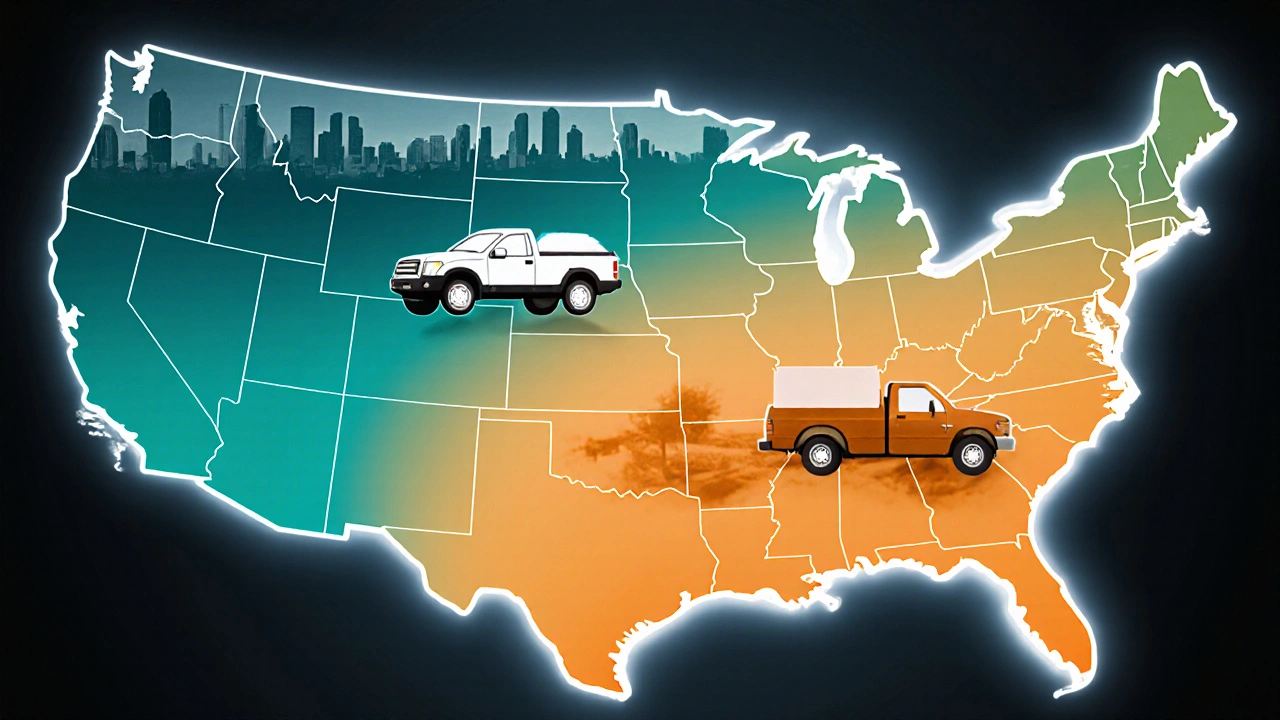 Silhouette map of the US with gradient colors and vehicle icons representing earnings differences.