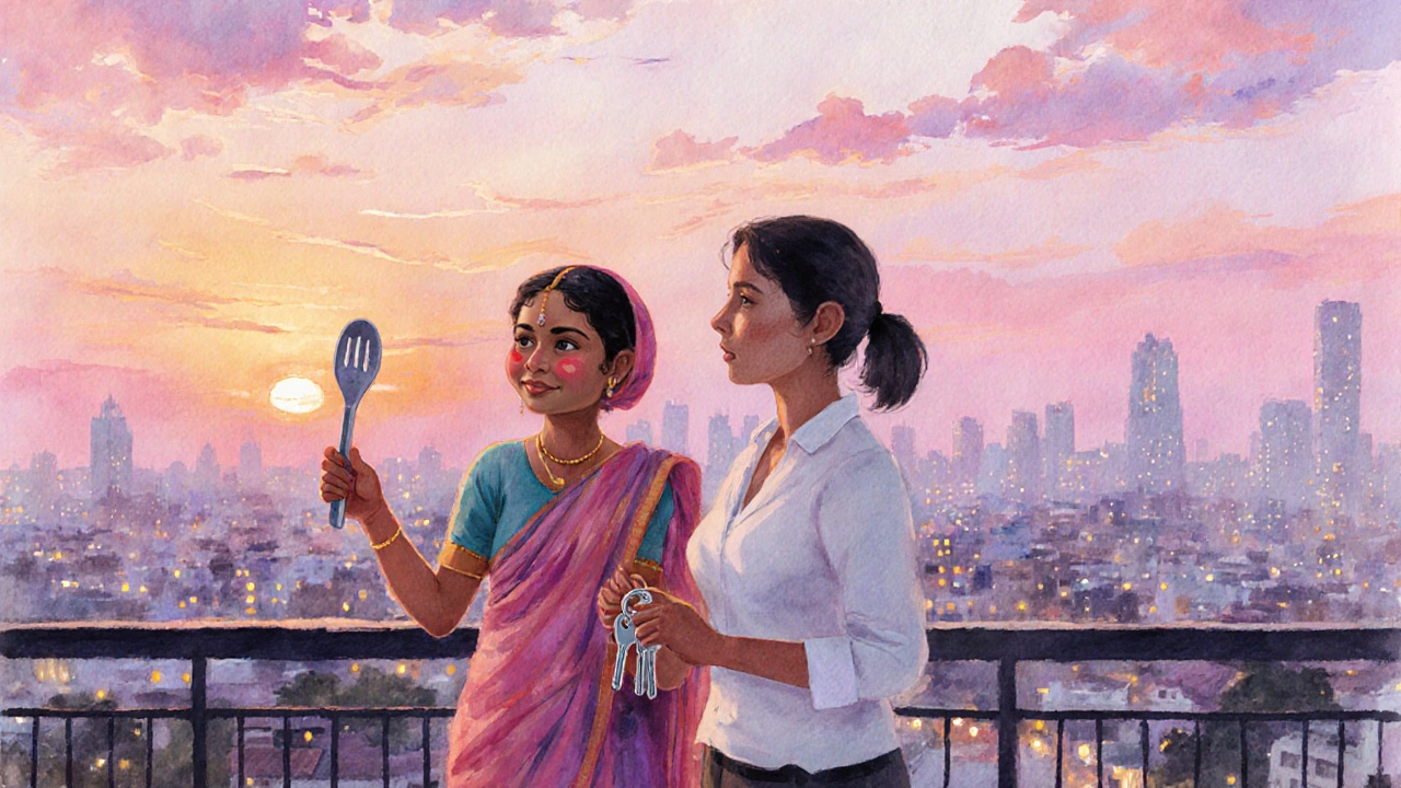 Sunset balcony showing housemaid and employer sharing a smile.