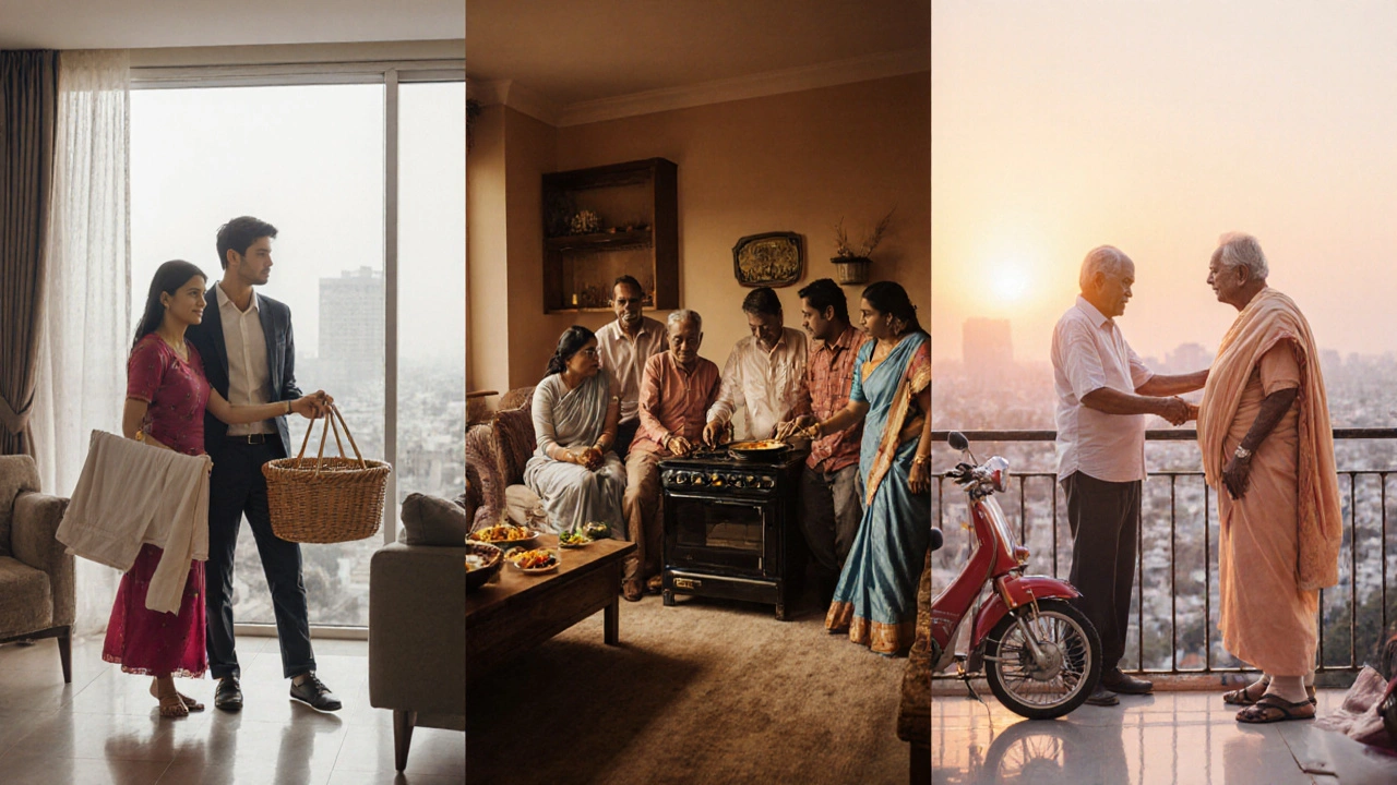 Three Mumbai households showing part‑time, live‑in, and senior maid arrangements.
