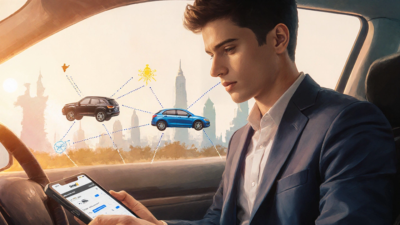 User selecting a vehicle on the DriveU app with silhouettes of new cities behind.