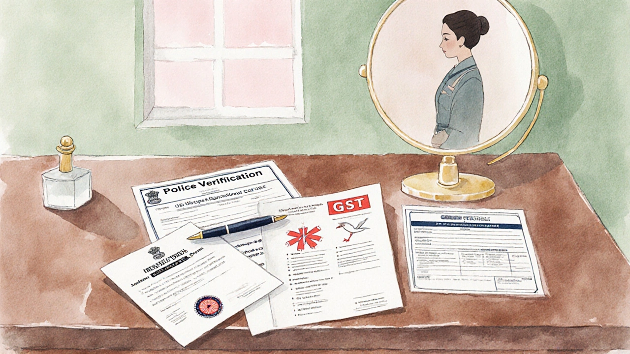 Watercolor desk with police, medical, training, and GST documents for a maid.