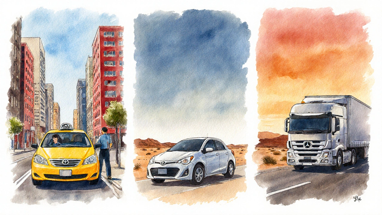 Watercolor panels showing a taxi, rideshare car, and long‑haul truck in their typical settings.