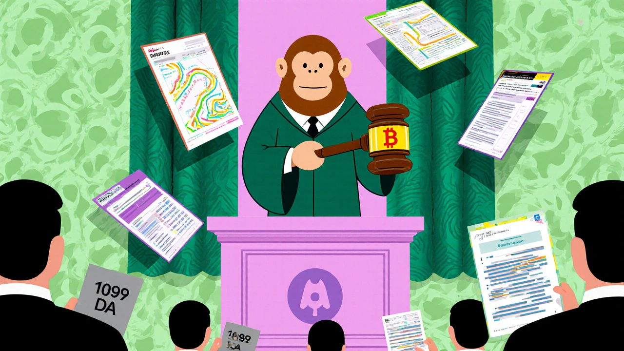A Bored Ape NFT on trial as a collectible, with digital evidence floating around a blockchain-robed judge.
