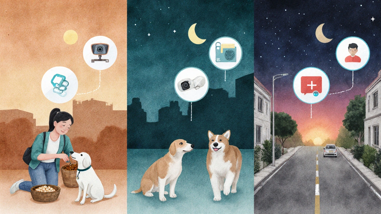 A conceptual split-image showing a pet sitter caring for pets through day and night in Mumbai.