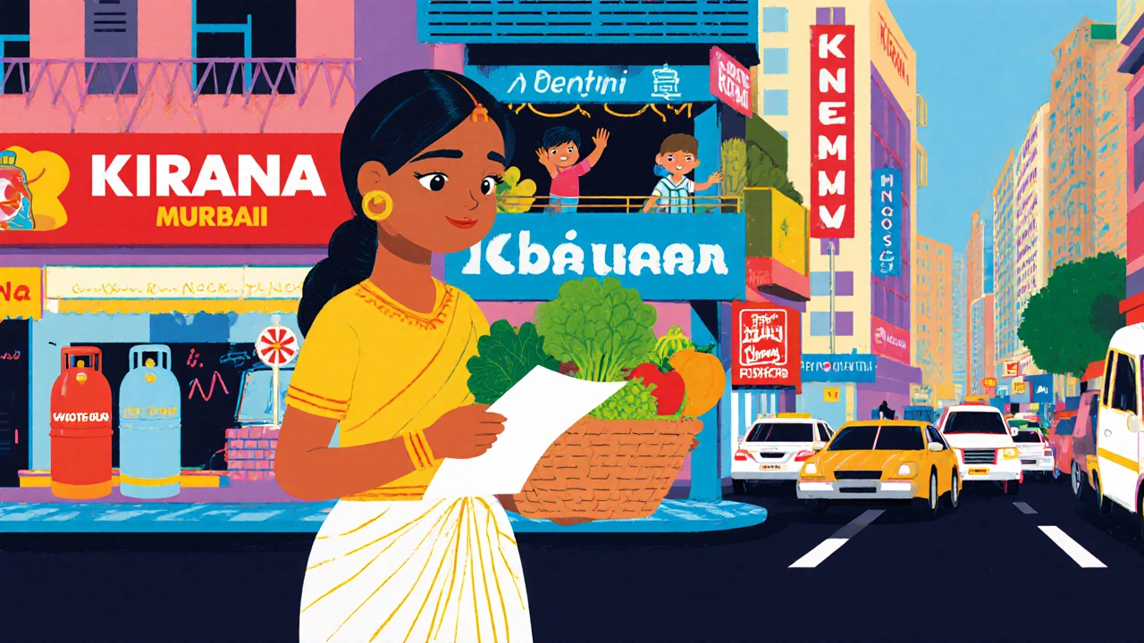 A domestic helper shopping for groceries outside a Mumbai store with vibrant street elements.