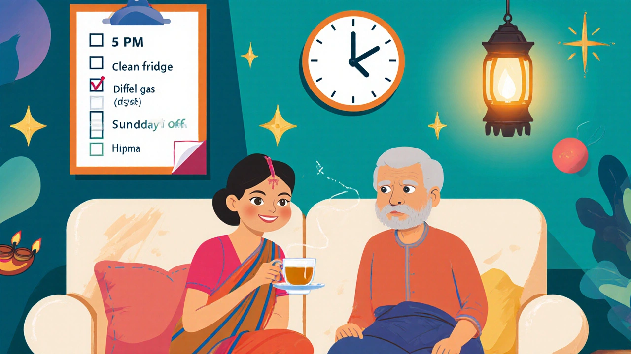 A domestic worker and elderly family member sharing tea with a task checklist on the wall.