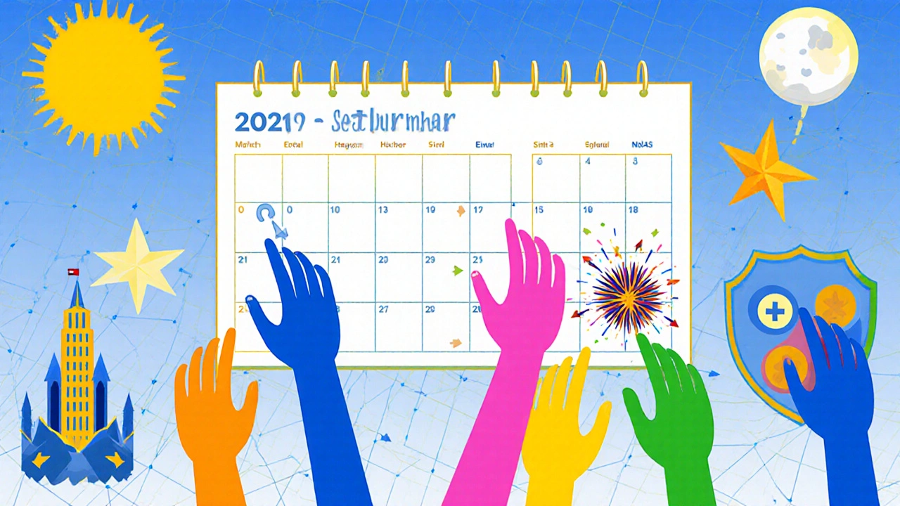 A giant calendar with five hands reaching into different market zones in bold Memphis design.