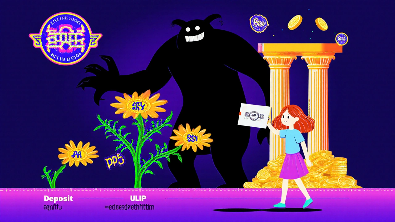 A girl&#039;s life timeline from age 5 to 21 with SSY growing as a flowering tree, PPF as a pillar, and a shadowy ULIP monster, all in bold Memphis Design style.