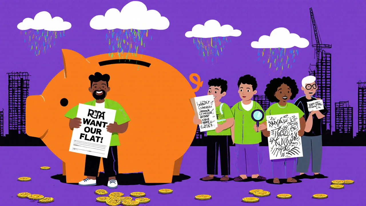 A group of buyers protesting outside a broken piggy bank building, holding RERA forms as rain of coins falls nearby.