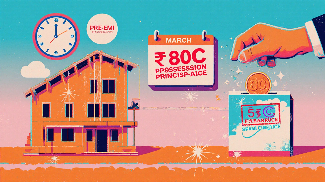 A home construction timeline with a prepayment coin triggering tax sparkles, and a &#039;5-Year Rule&#039; stamp in bold Memphis colors.