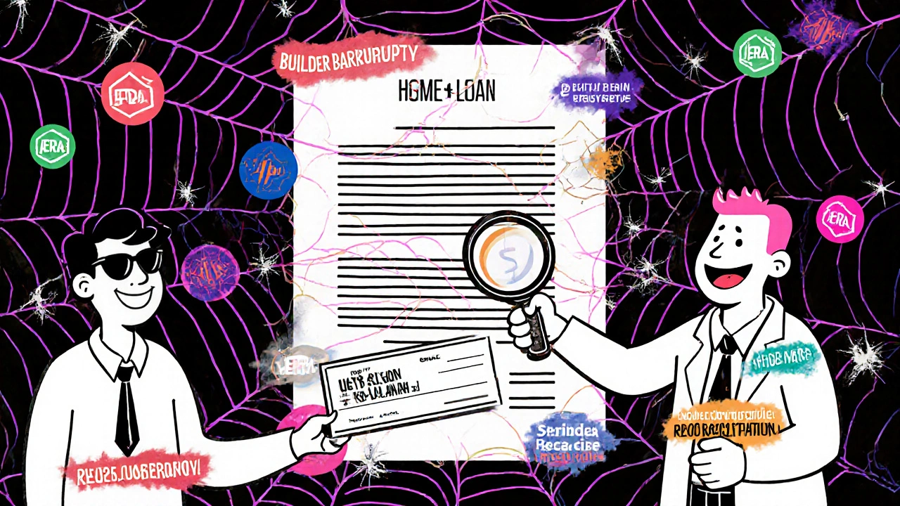 A homebuyer trapped in a web of loan risks, with a builder accepting a large check while RERA logos crack in the background.