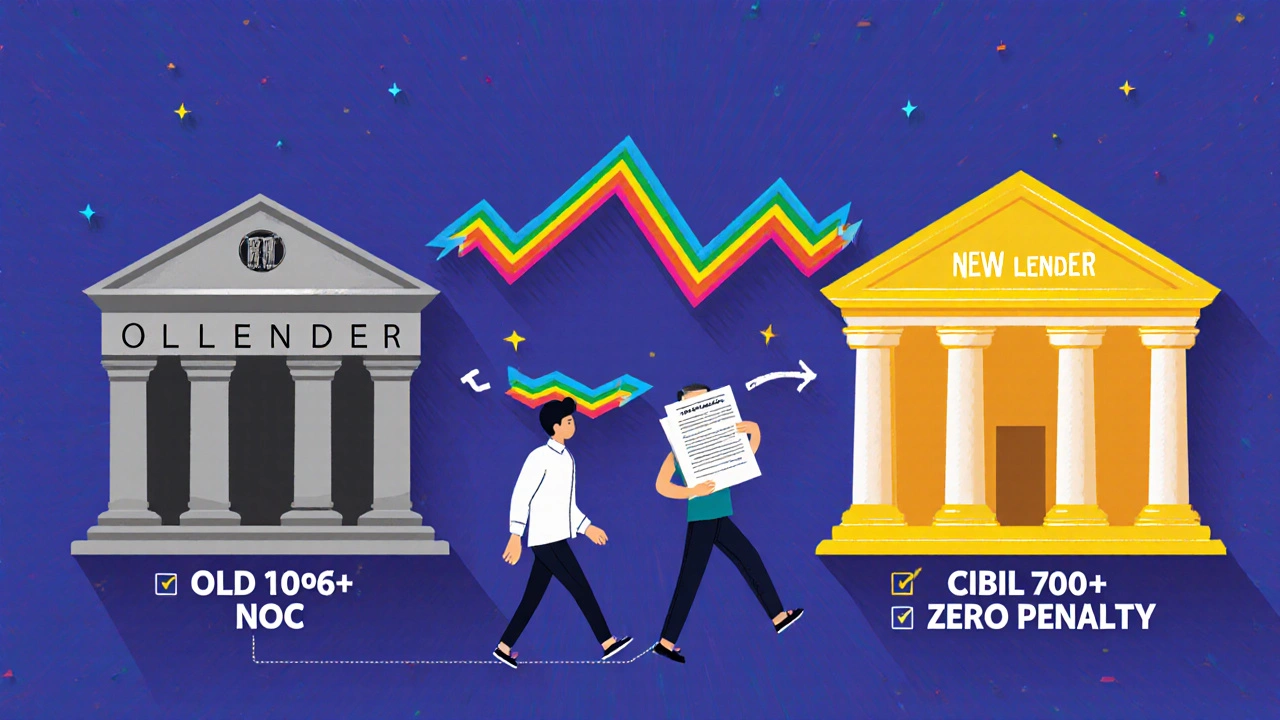A person walking from a dull bank to a bright new lender through rainbow arrows marked with key transfer steps.