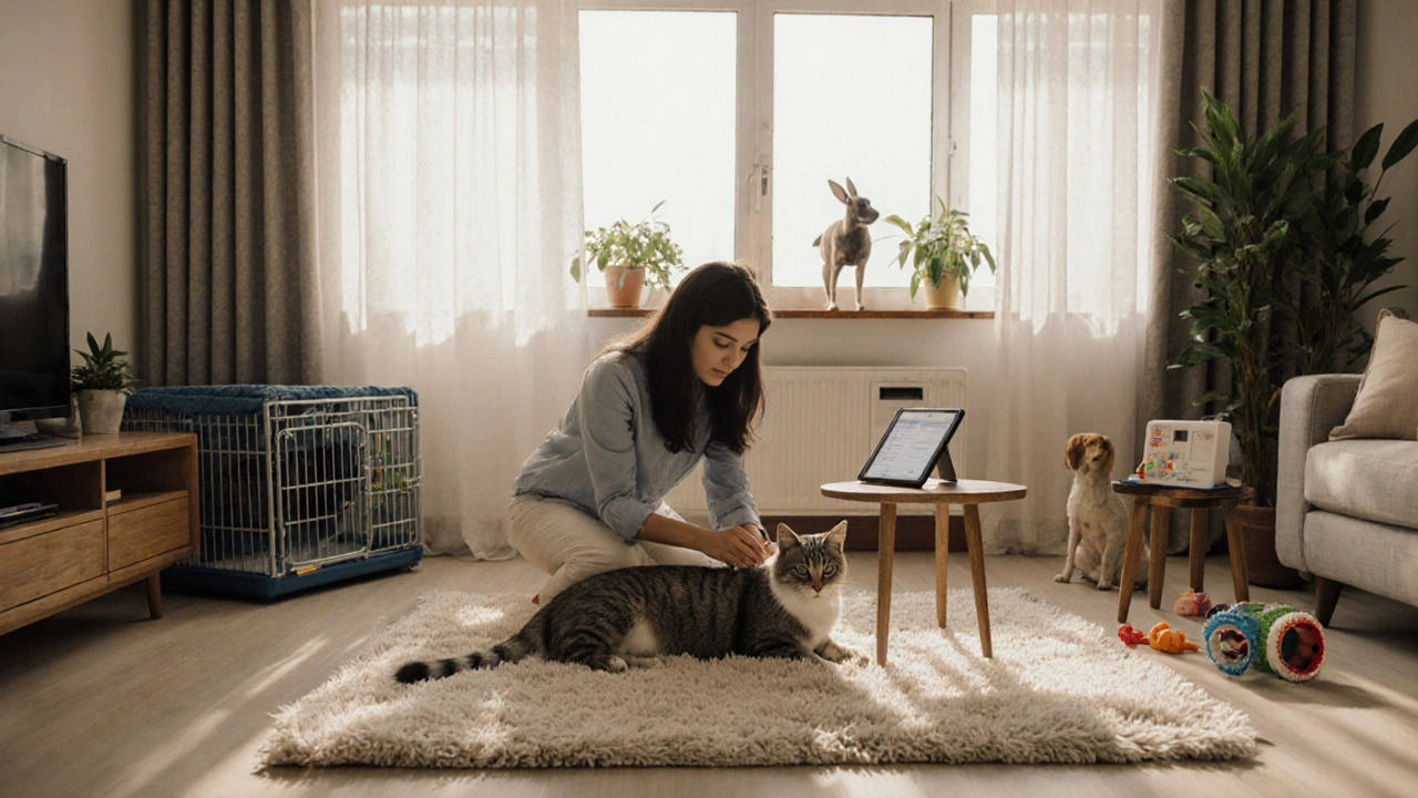 A pet sitter gives medicine to an elderly cat in a sunlit Mumbai living room, with pet supplies nearby.