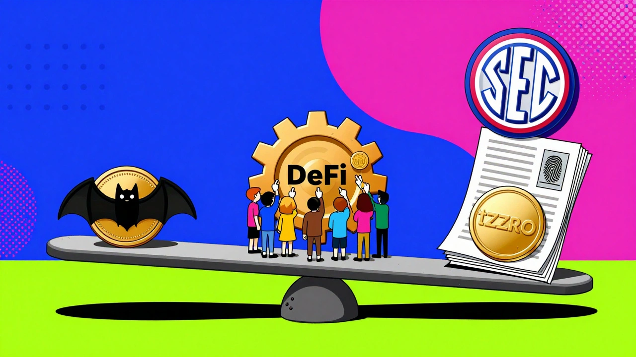 A scale balancing unused utility tokens, active governance votes, and regulated investment tokens with legal shadows.