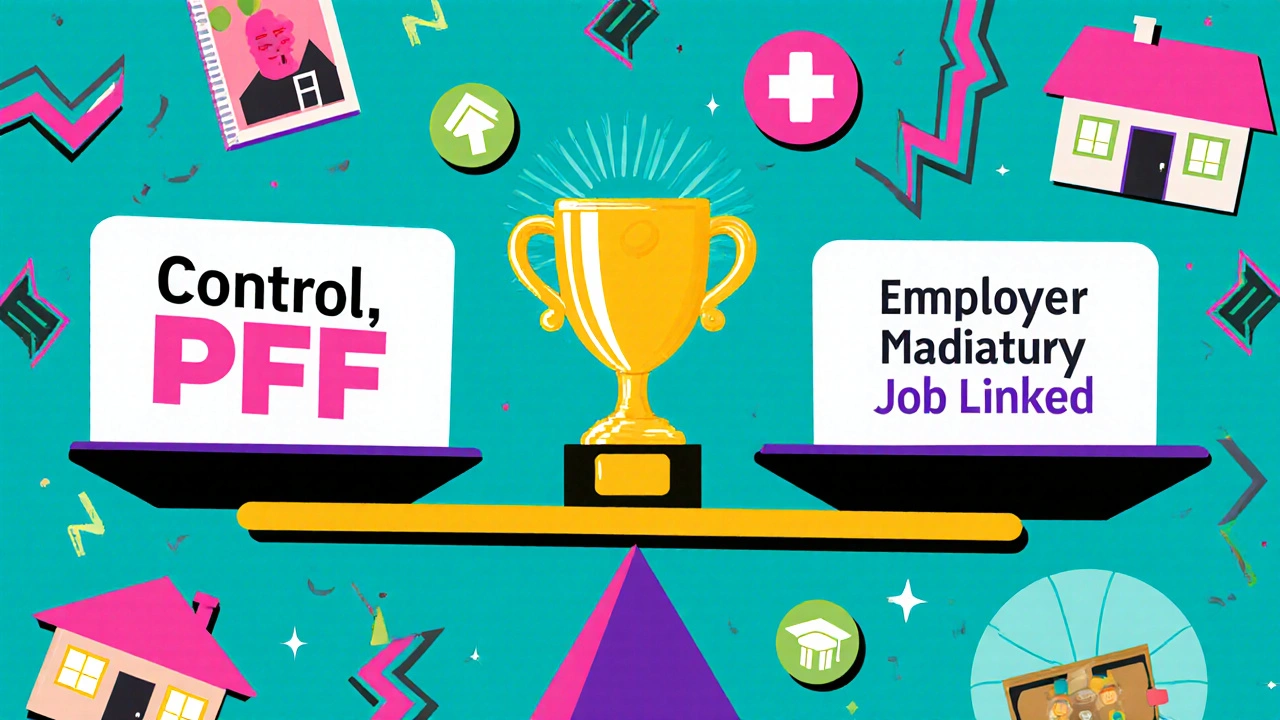 A seesaw balances PPF and EPF retirement options with icons of home, medical care, and education, centered by a golden trophy.