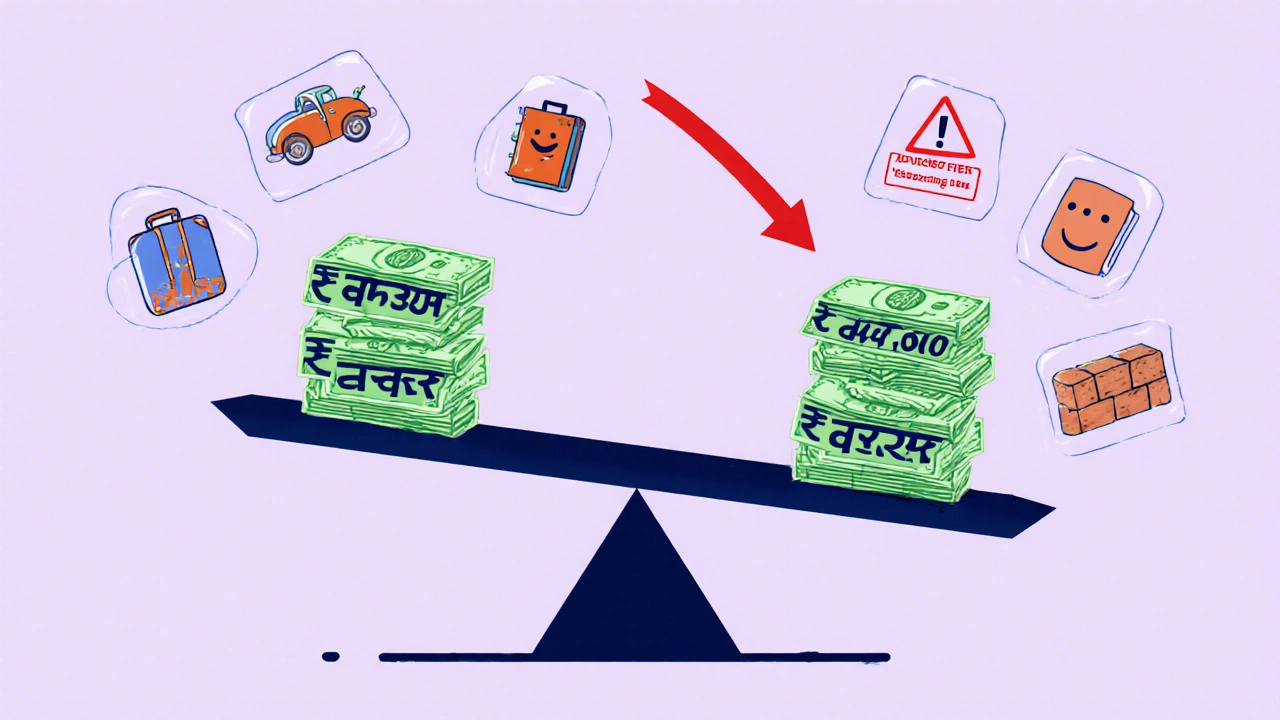 A seesaw balancing high and low EMIs, with savings icons on the lower side and warning triangles nearby.