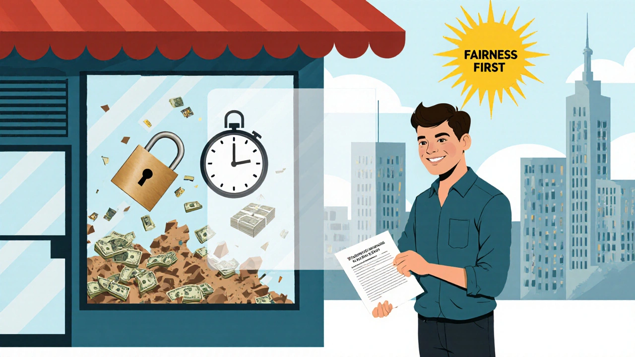 A shop owner receiving a legal lease with a capped deposit, as an old chaotic rental system crumbles in the background.