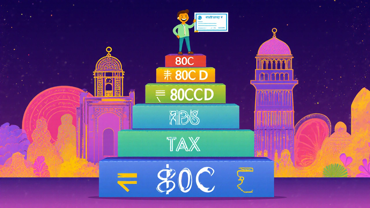 A tax deduction pyramid with Section 80C at the base, topped by other deductions, under a smiling taxpayer.