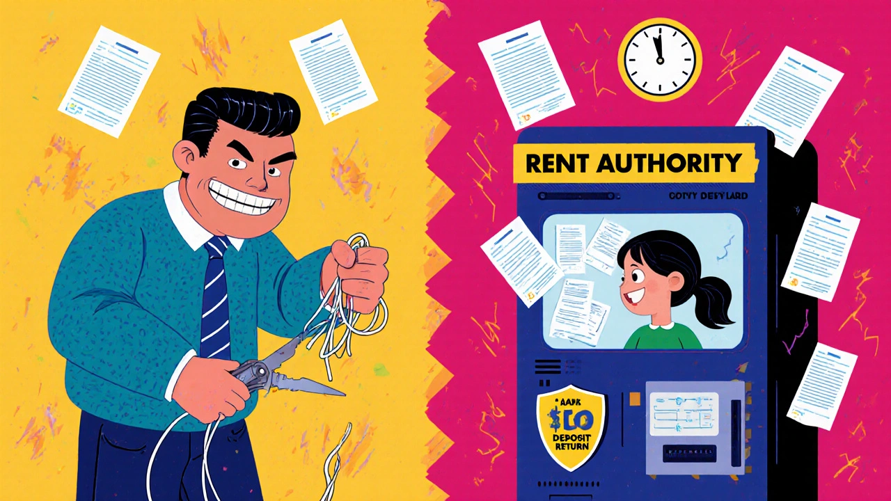 A tenant filing a complaint at a Rent Authority kiosk while a landlord cuts power, all in bold Memphis-style colors and patterns.