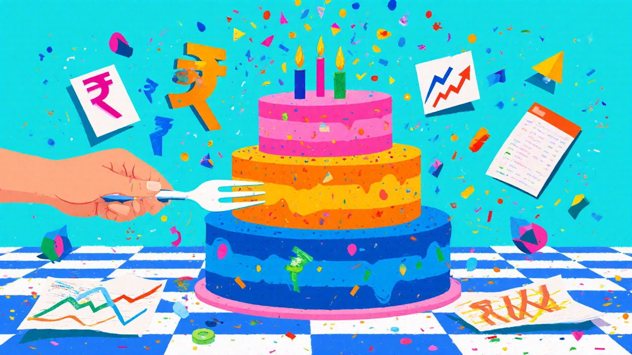 A three-layer rainbow cake symbolizing a balanced stock portfolio with geometric charts and rupee symbols in vibrant colors.