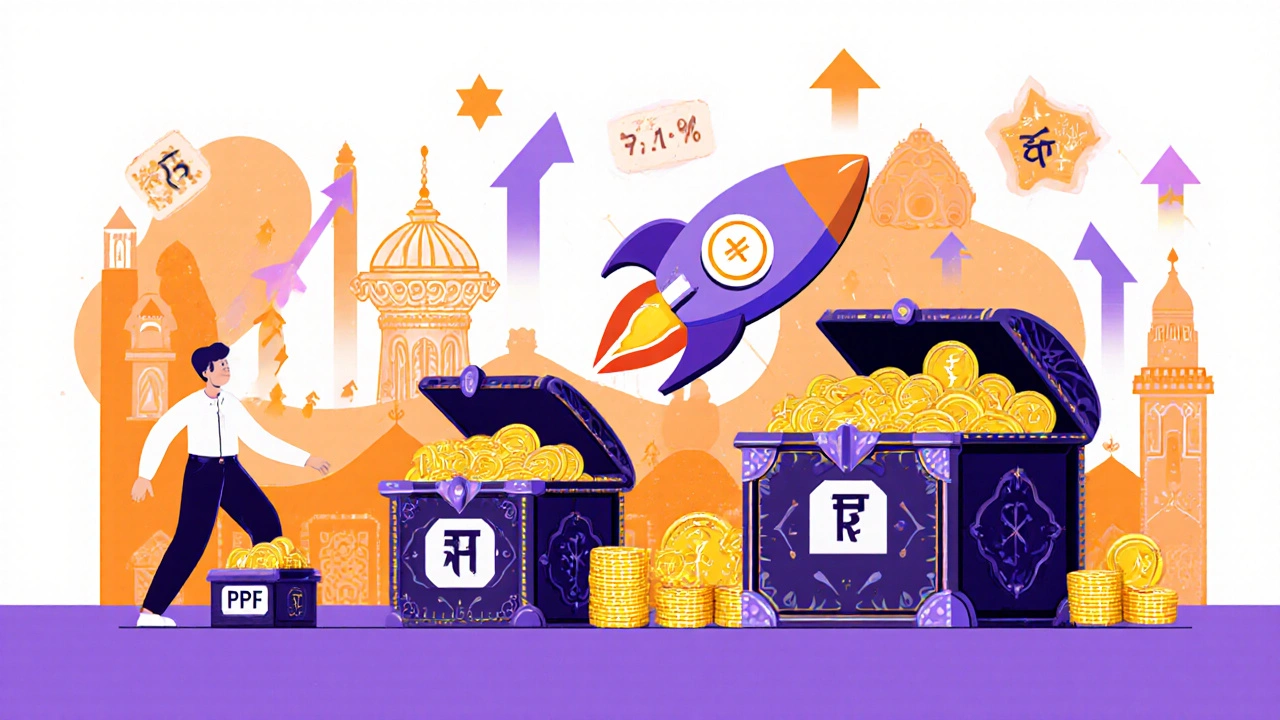 A young person&#039;s PPF and EPF savings grow over 15 years into giant treasure chests filled with coins and tax-free symbols.