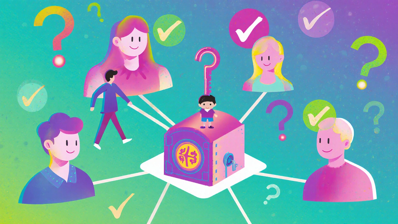 Abstract family tree connected to a mutual fund vault, with guardian caring for a minor under glowing lines.