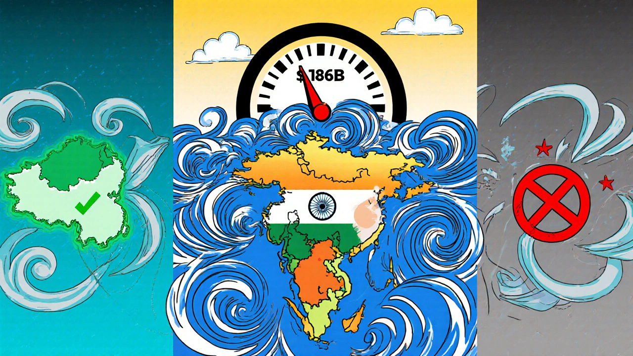 Abstract map of Asia highlighting India&#039;s massive crypto volume and heavy tax meter, with Singapore and China as contrasting icons.